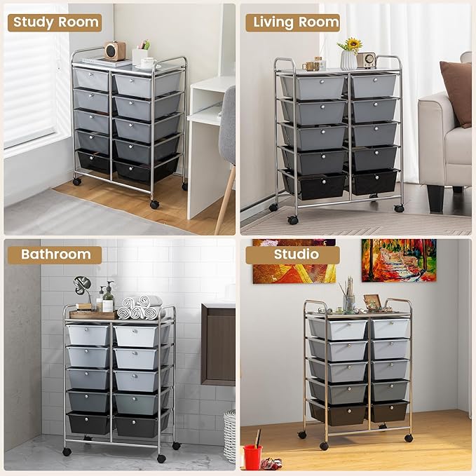 HAPPYGRILL 10-Drawer Rolling Storage Cart, Storage Organizer Cart with Lockable Wheels, Beauty Salon Movable Utility Cart for School, Office, Home, (Black Gradient)