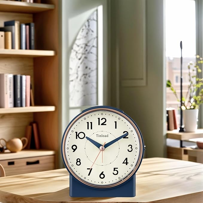Tinload 4.3" Retro Analog Alarm Clock, Vintage Decor, No Ticking Silent, Easy to Set, Gradual Rise Alarm, On/Off Switch on Side, Gentle Wake, Snooze, Lighted on Demand, Battery Operated, Retro Blue