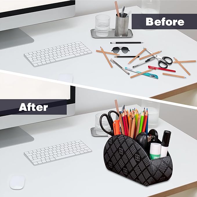 Remote Control Holders Organizer Box with 5 Compartment PU Leather Multi-functional Office Desk Storage Caddy Store Tv Remote for Media Player,Brush,Pencil,Glassees&Office Supplies (Grey print)