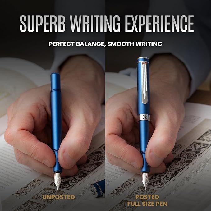 Scriveiner Personalized Luxury EDC Fountain Pen (Medium), Stunning Matt Blue Pocket Pen, Chrome Finish, Schmidt German Nib, Best Engraved Fountain Pen Gift Set for Men & Women, Name Engraving
