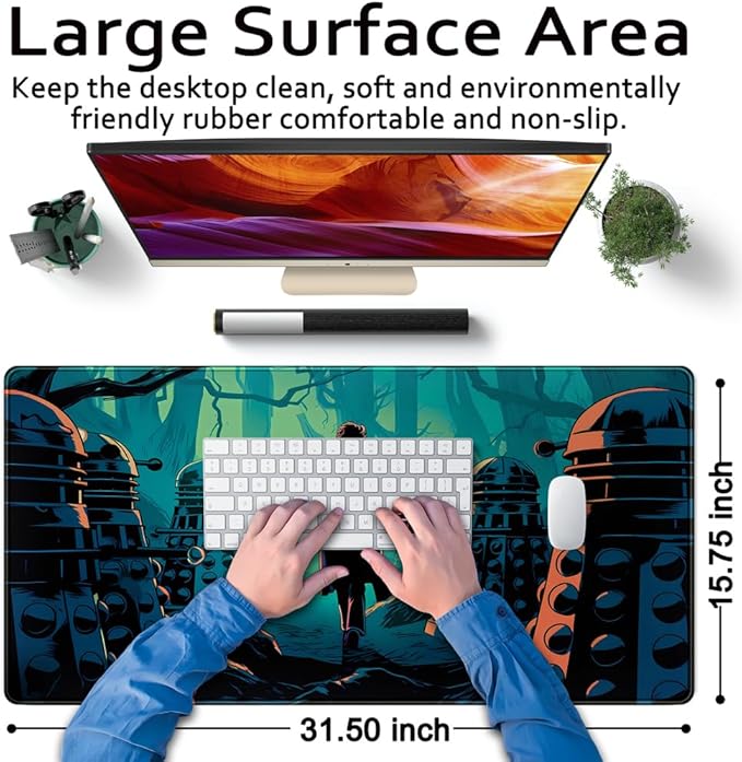 Mechanical Cattle Adventure Anime Desk Pad Mat Game Playmat Black Mousepad Gaming Green Desk Mat, Desk Pad for Keyboard and Mouse Keyboard Dad Stitched Edges Non-Slip Rubber Deskpad, 31.5" X 15.8"