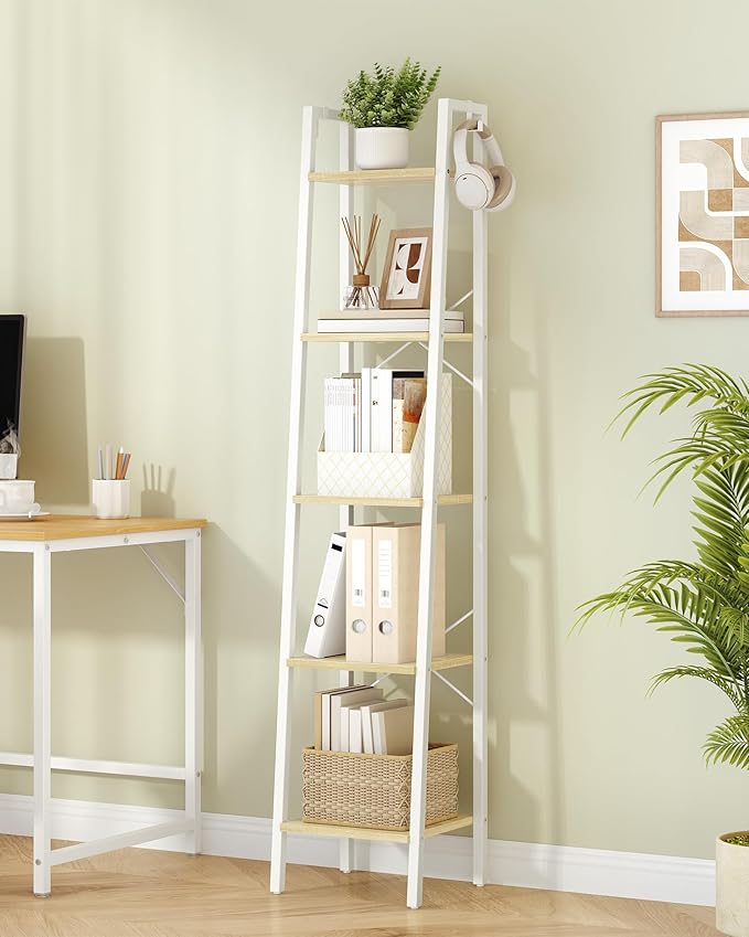 Hzuaneri Ladder Shelf, Bookshelf Bookcase, Freestanding Corner Storage Shelve with 2 Hooks for Home Office, Living Room, Kitchen, Bedroom, Industrial, 11.8" D x 13.4" W x 63" H, White Oak and White