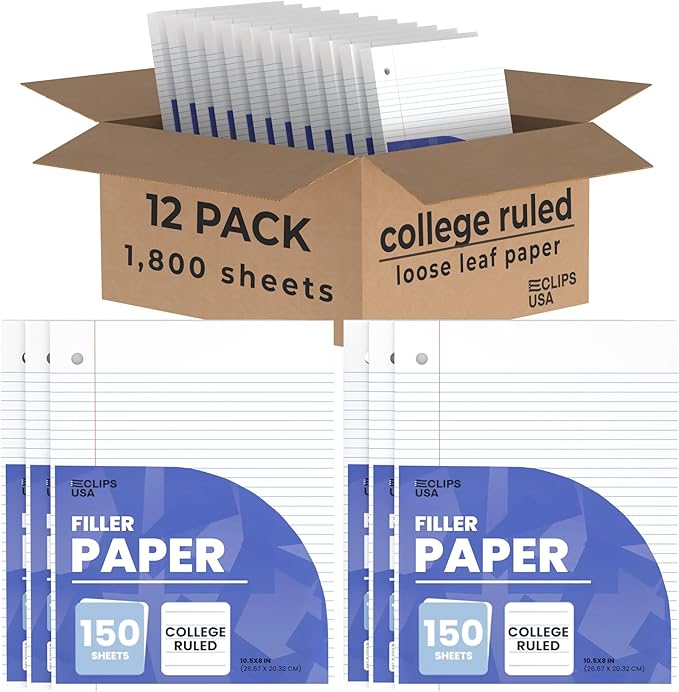 Loose Leaf Paper College Ruled Notebook Paper College Ruled Lined Writing Filler Paper 10.5” x 8” 1800 Sheets 150 Sheets Per Pack 60 gsm (12 Pack)