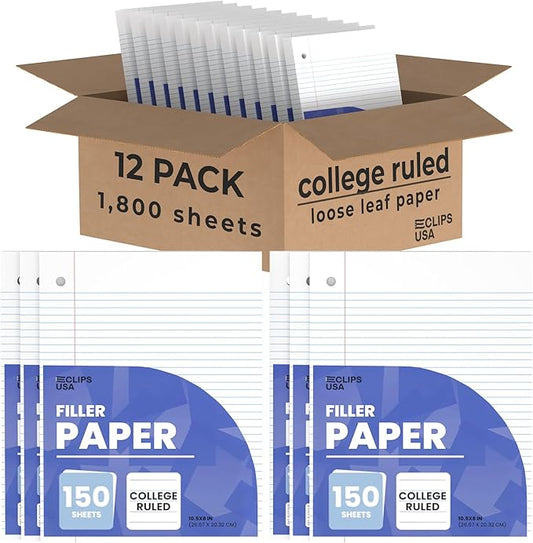 Loose Leaf Paper College Ruled Notebook Paper College Ruled Lined Writing Filler Paper 10.5” x 8” 1800 Sheets 150 Sheets Per Pack 60 gsm (12 Pack)