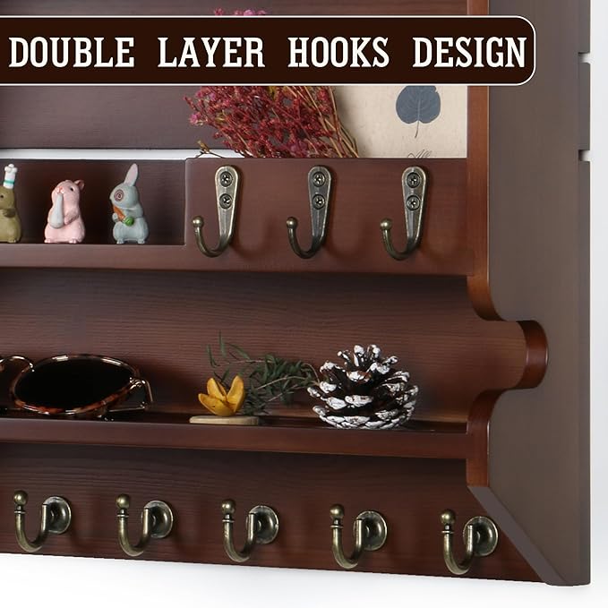 Innovation Key Holder for Wall, Mail Organizer with Key Hooks, Keys Holder on Wall, Walnut