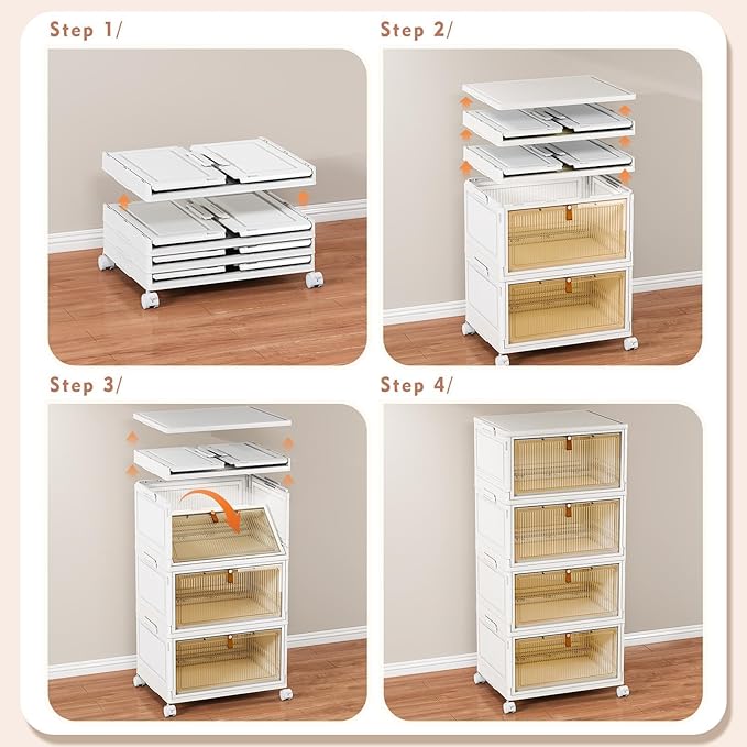 CTSNSLH 4 Tier Plastic Storage Bins with Lid - 27.5Qt Stackable with Lids for Bedroom, Living Room, Office - Foldable Containers, Household Organization