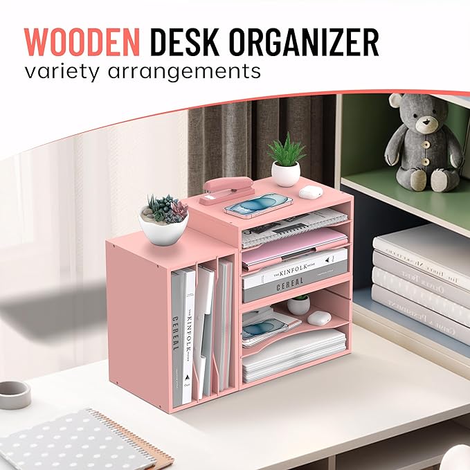 SHARKWOODS Wood Desk Organizer, 3 Tier Paper Tray Organizer for Desk with Adjustable Storage Shelves, Desktop File Organization Paper Sorter Mail Holder for Office Home Classroom, Pink