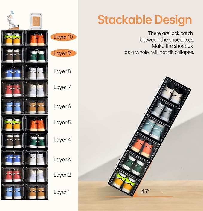 Amllas 12 Pack Shoe Boxes Stackable,Upgraded Sturdy Shoe Storage Boxes with Clear Magnetic Door,Multifunctional Sneaker Storage, Shoe Box Organizer Fit up to US Size 12 Gray(13.8”x 9.84”x 7.1”)