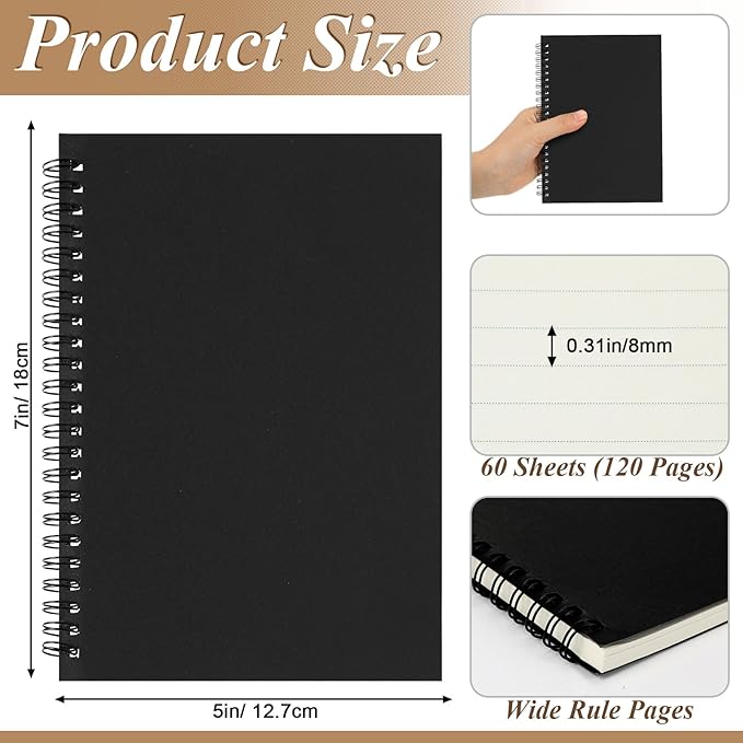 Leelosp 12 Pack Small Spiral Notebook 5 x 7 Inch Lined College Ruled Spiral Journal Wire Bound Notebook Kraft Cover, 120 Pages for Work Students Office Business(Brown, Black)