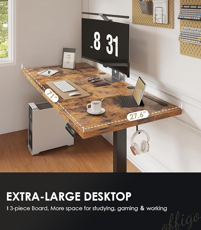 OffiGo 71 Inch Executive Electric Standing Desk, Height Adjustable Desk with Power Outlet & 1.38" Thick 3-Piece Desktop, Sit Stand Computer Desk for Home, Office, Conference Room, Rustic Brown