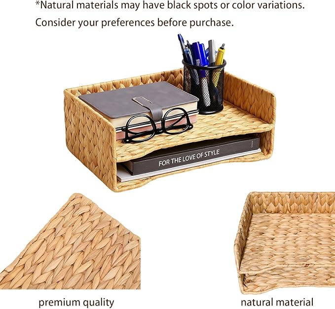 PINXIURY 2-Tier Water Hyacinth Letter Tray – Woven Paper & Mail Organizer for A4 Files, Magazines, Office Documents Desktop File Basket for Home Office Supplies