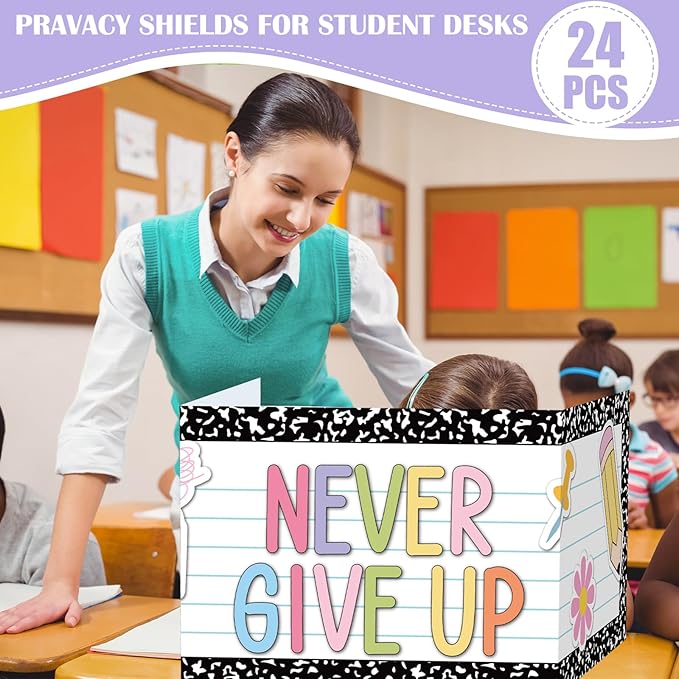 Honoson 24 Pcs Bulk Inspirational Privacy Folders for Students Cardboard Test Privacy Boards Motivational Words Desk Dividers Shield for Classroom School Study Supplies, 6 Styles(Composition)