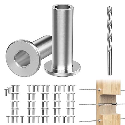 Steel DN Mate 100 Pack Stainless Steel Protector Sleeves for 1/8" Wire Rope, Cable Railing Hardware for Deck/Cable Railing System, T316 Marine Grade, Cable Sleeves Come with a Drill Bit DE100
