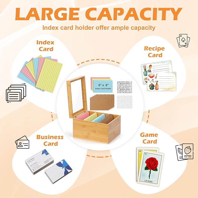 5x8 Index Card Holder with Dividers Bamboo Index Card Storage Box 4 Compartments Recipe Card Box with Lid 150 Index Flash Cards 25 Index Card Dividers 2 Letter Smile Stickers for Office Business Home