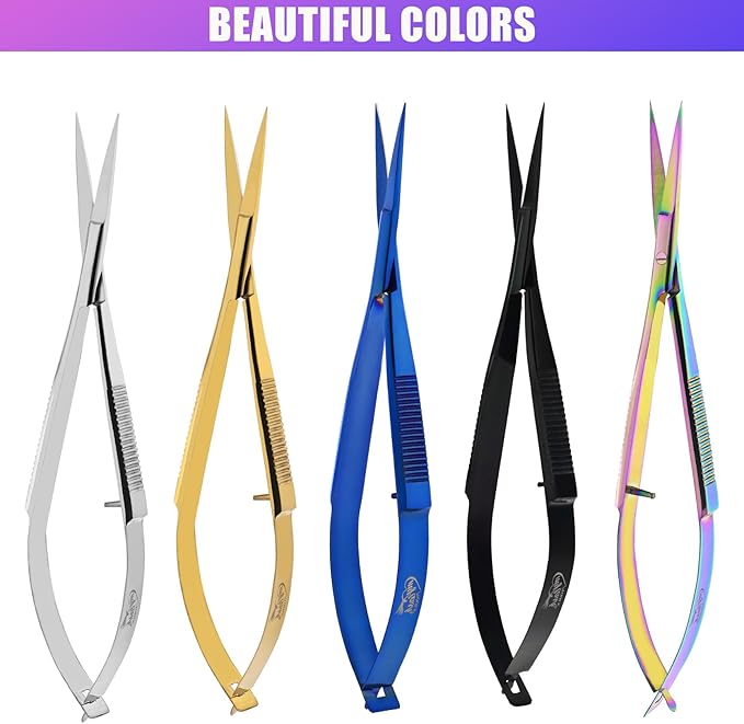 Cross Edge Spring Scissors 5 Inch straight Stainless Steel Precision Eyebrow & Eyelash Shaping & Trimming Scissor, Snips Squeeze, Embroidery, Knitting Micro Tip Craft Scissors (Gold)