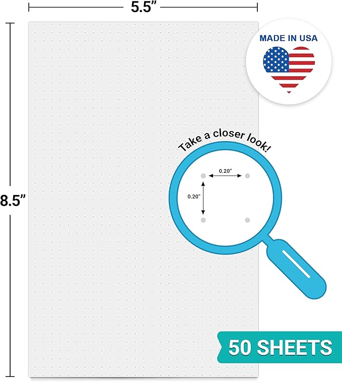 321Done Dot Grid Notepad – Dotted Graph Paper, Small (5.5x8.5) – Made in USA – 50 Sheets Dotted for Bullet Planning Journaling Thick Paper 1/5 (0.20) Dots Notes Sketching Writing Smooth White