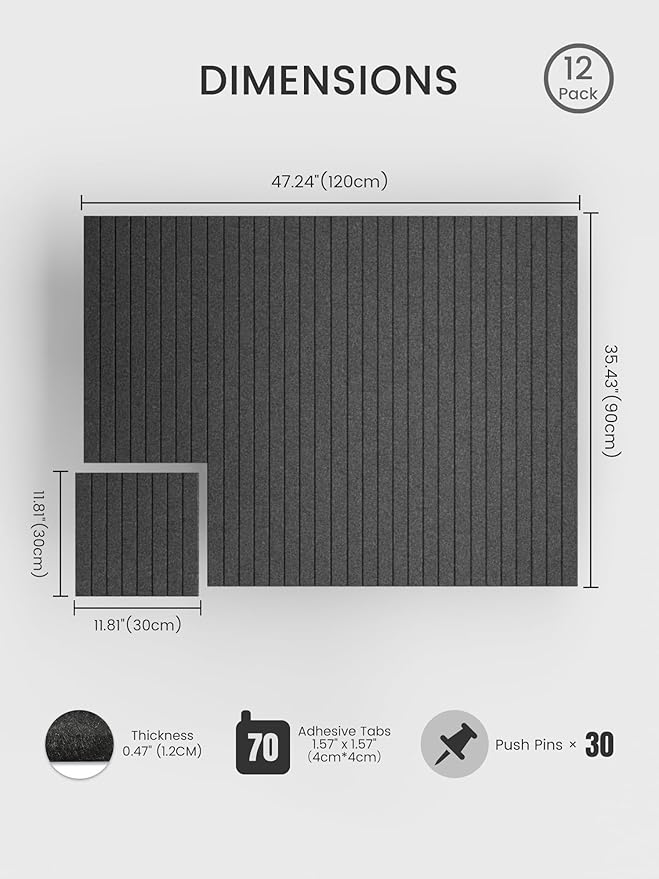 Bumusty Large Cork Board Alternative-47 x35 Felt Bulletin Board Tiles, with 30 Pushpins, 70 Adhesive Tabs, 12-Pack Slat Wall Paneling, Cork Boards for Office Push Pin Board Felt Board-Charcoal Gray