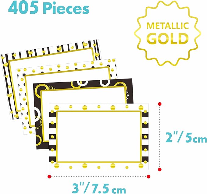 405 PCS Gold Metallic Name Tag, Blank Name Labels in 15 Designs with Permanent Adhesive Writable White Name Tag Stickers for School Office Home (Each Measures 3" x 2")