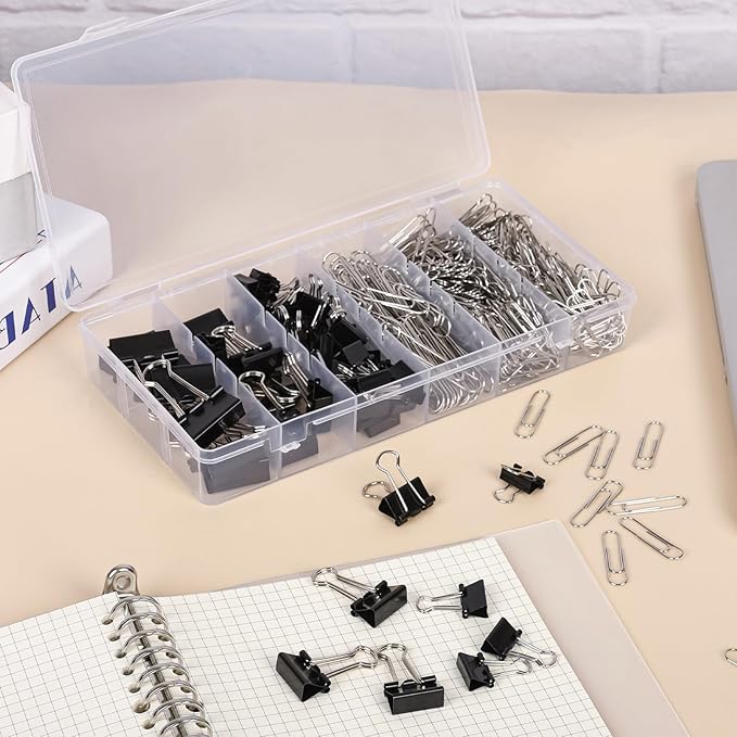 500PCS Paper Clips and Binder Clips Assorted Sizes,Silver Paper Clips & Black Binder Clips for Home, School, Office Supplies