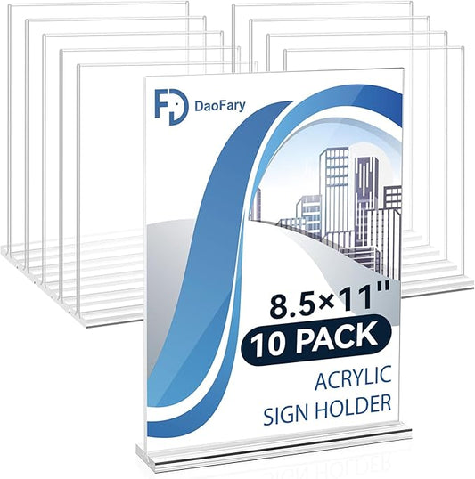 Daofary Acrylic Sign Holder 8.5 x 11 Inches 10 Pack, Double-Sided Stand up Table Top Paper Holder, Store Sign Holders, Plastic Sign Display for Restaurants, Hotels, Office