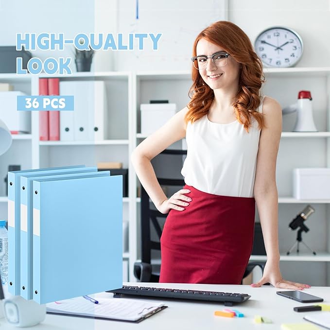 Henoyso 36 Pcs 3 Ring Binder 0.5 Inch Round Fits Letter Size 8.5'' x 11'' Paper Plastic Flexible Binder Bulk Holds 140 Sheets with 1 Pockets Versatile Organizer for Home Office School (Light Blue)