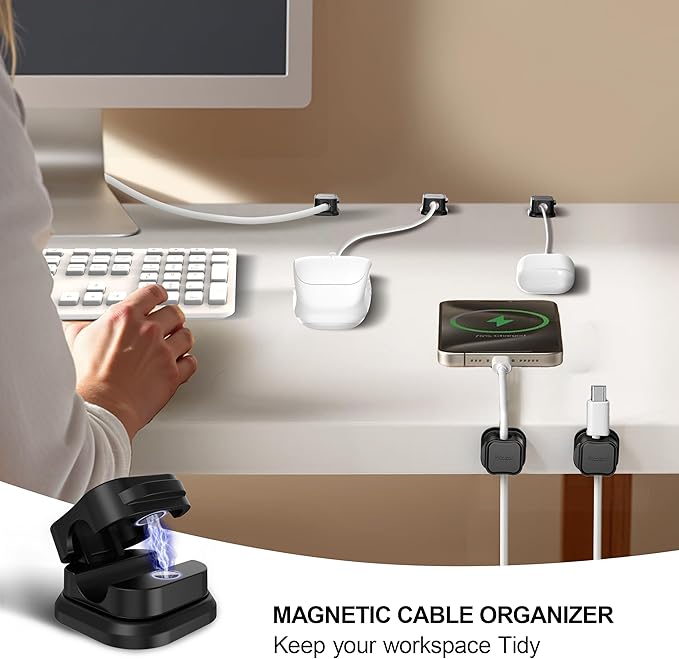 48 Pack Magnetic Cable Clip Organizer Cord Holder, Picozon Adhesive Cable Management, Wire Phone USB Charger Cable Holder, Keeper Organizer for Office Home Desktop Table - Black