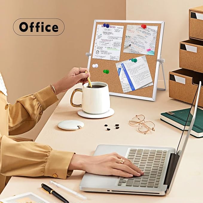 kdafio 11.81"×11.81" Cork Board Bulletin Board, Double Sided Pin Board with Silver Aluminum Border, Desktop Small Cork Board with Stand Suitable for Home, Office, Desk Message Board or Picture Board