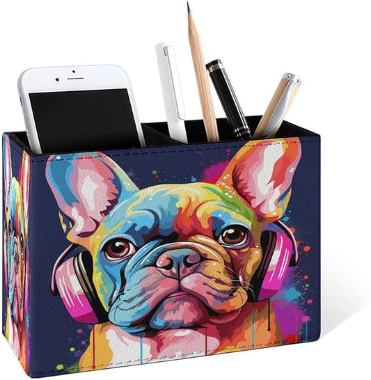 Famame Colorful Dog French Bulldog Pencil Holder for Desk, Leather Desktop Container Pen Cup Storage Study Table Pen Organizer Makeup Brushes Holder for Office Home