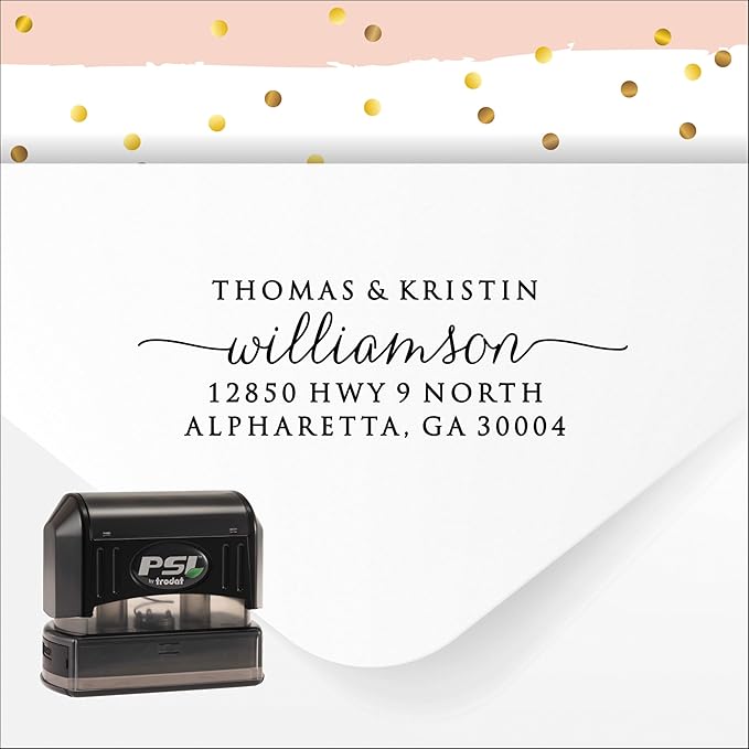 PrettySweetParty Self Inking Return Address Stamp - Custom 4 Line Personalized Address Stamp for Envelopes, Wedding Invitations, Business, Mailing Labels, Black Ink (Calligraphy Script)