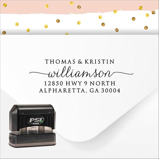 PrettySweetParty Self Inking Return Address Stamp - Custom 4 Line Personalized Address Stamp for Envelopes, Wedding Invitations, Business, Mailing Labels, Black Ink (Calligraphy Script)
