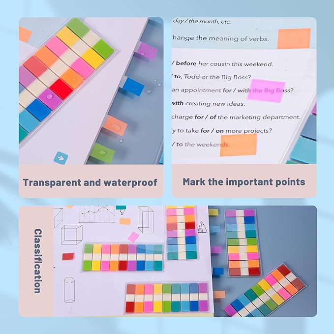Golcellia Writable Sticky Tabs, 900 Pcs Transparent Sticky Page Marker Tabs for Document Organization, Teacher Supplies, Study Aids, Office Supplies, Colorful Tabs
