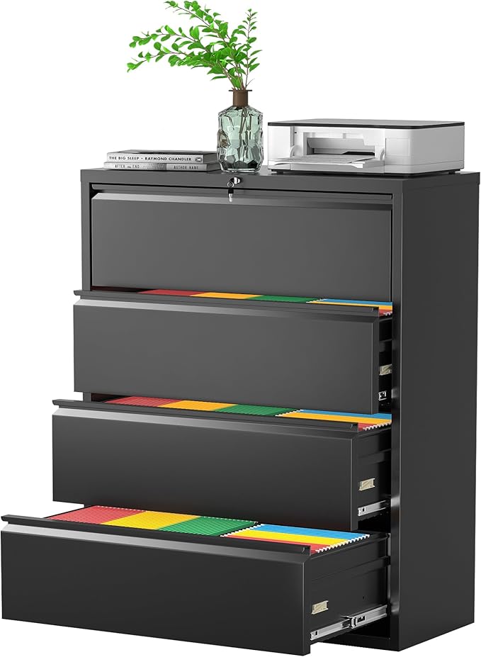 Pataku 4 Drawer File Cabinet with Lock, Metal Lateral File Cabinets for Home Office 4 Drawer, Locking Filling Cabinets for Hanging Files Letter/Legal/F4/A4 Size (4Drawer/Black)