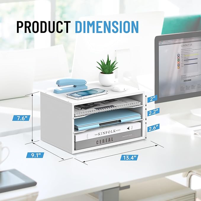 SHARKWOODS Wood Desk Organizer, 3 Tier Paper Tray Organizer for Desk with Adjustable Storage Shelves, Desktop File Organization Paper Sorter Mail Holder for Office Home Classroom, White