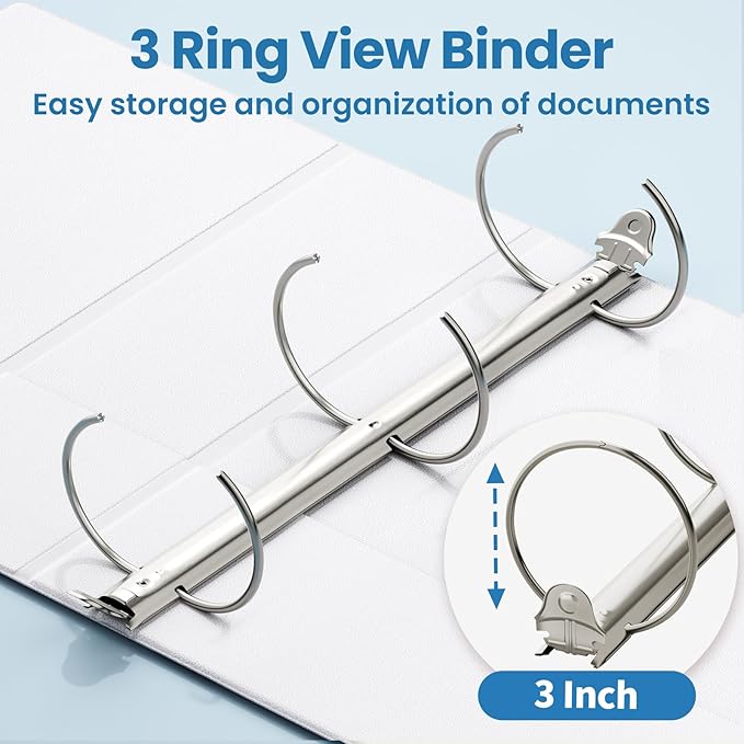 SUNEE 3 Ring Binder 3 Inch 1 Pack, Clear View Binder Three Ring PVC-Free (Fit 8.5x11 Inches) for School or Office Supplies, White
