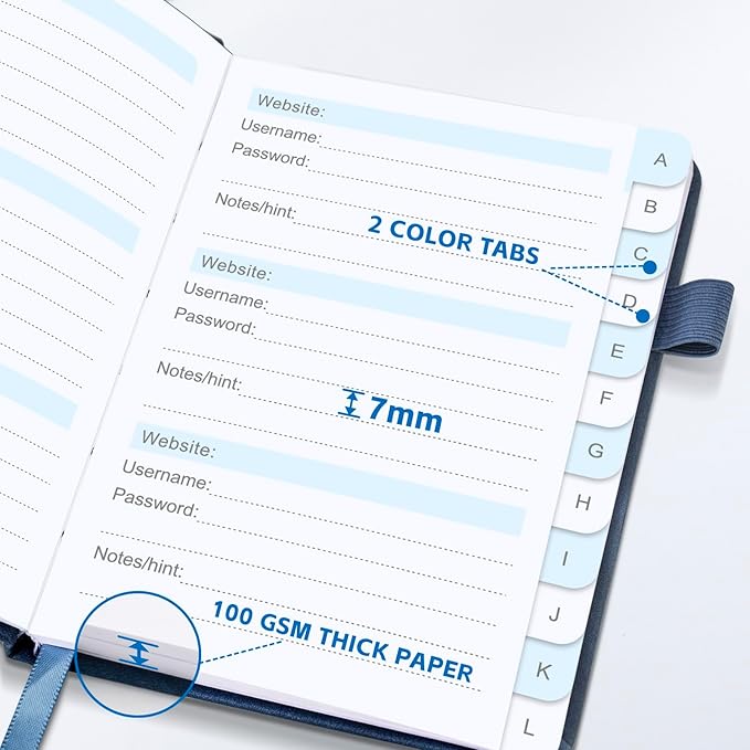 MOSA BEAR Password Keeper Book with Alphabetical Tabs，4.3"x5.7" Small Password Books for Seniors Password Notebook for Internet Website Address Log in Detail（Dark Blue） [unknown_binding]