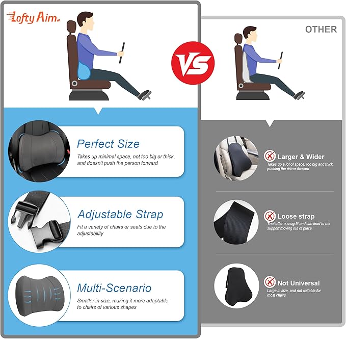 Lofty Aim Lumbar Support Pillow for Car, Memory Foam Lumbar Pillow for Lower Back Pain Relief - Back Cushion for Driving, Chair Support for Car-Office Chair, Wheelchair - Classic Dark Grey