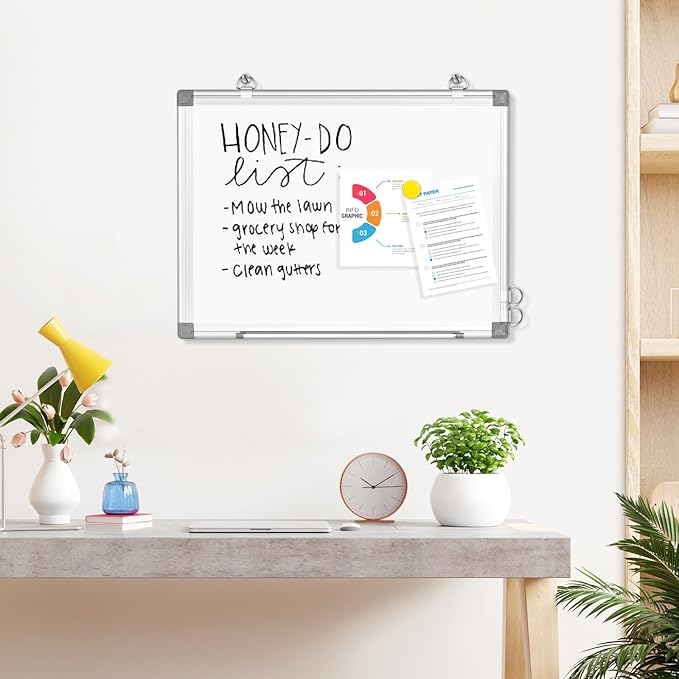 AMUSIGHT Dry Erase Board White Board, 16'' x 12'' Double-Sided Magnetic Whiteboard for Wall, Hanging Mounted Whiteboard Silver Aluminium Frame for Home, School, Office, Kitchen