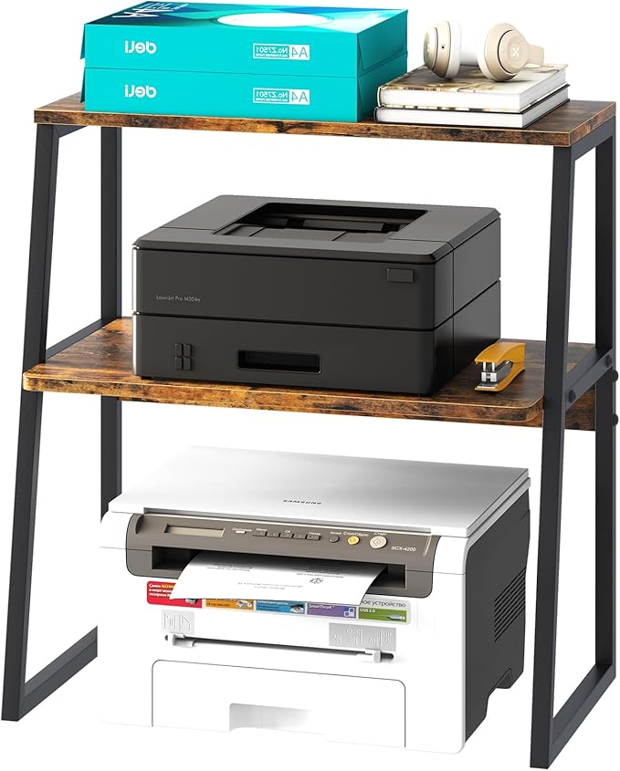 Arbuxzuy Printer Stand for Desk, Desktop Printer Shelf, 3 Tier Desk Shelf for top of Desk, Large Printer Stands Office Organization Shelves for Home Office Printer Fax Book, Rustic Brown