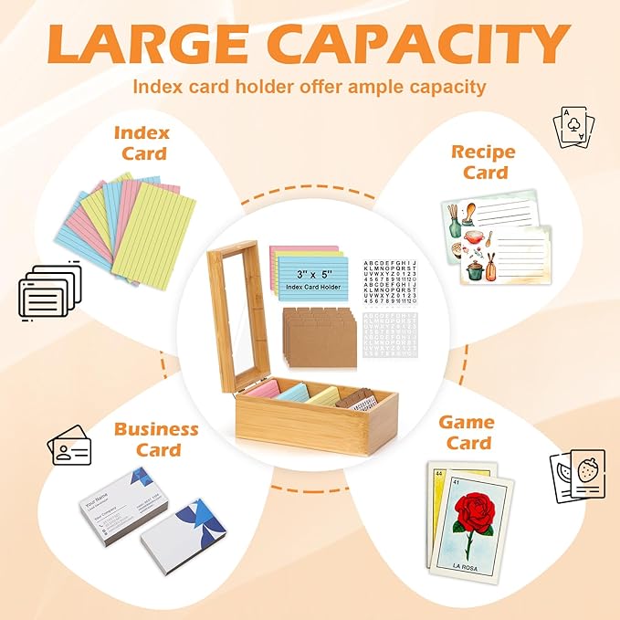 3x5 Index Card Holder with Dividers Bamboo Index Card Organizer Index Card Storage Box 150 Index Flash Cards 25 Index Cards Dividers 2 Letter Smile Stickers for Office Business Home (3 x 5 Inches)