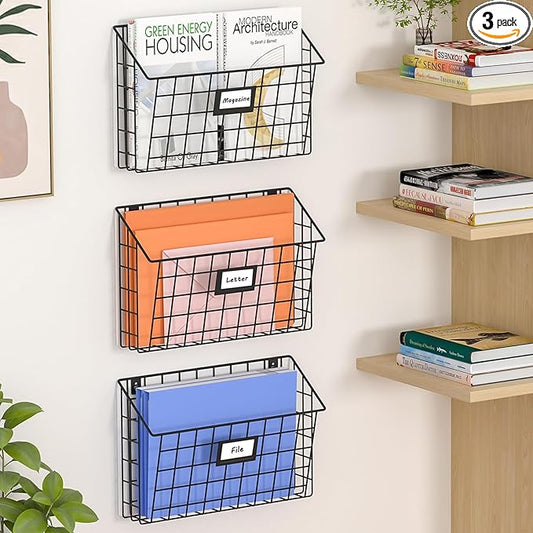 X-cosrack Detachable Hanging Wall Files Rack&3-Tier Metal Folder Wall File Holder with Tag Slot Mounts on Wall and Door for Office, Home, and Work Easy Organizing,Black(Patent Pending)