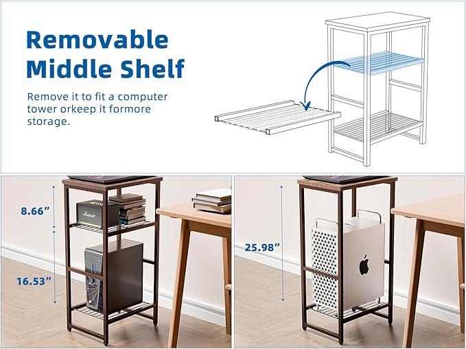 GEORIS 3 Tier Metal Printer Stand Shelf for Desk, Industrial Side Table for Printer, Fax Marchine