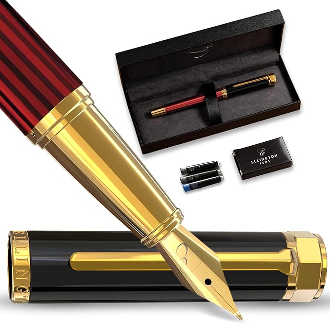 Ellington Pens Luxury Fountain Pen Set - Smooth Fine Nib - Includes 3 Ink Cartridges, Refillable Ink Converter, Gift Box-Fountain Pens For Writing, Calligraphy, Journaling, Sketching (Crimson Blend)