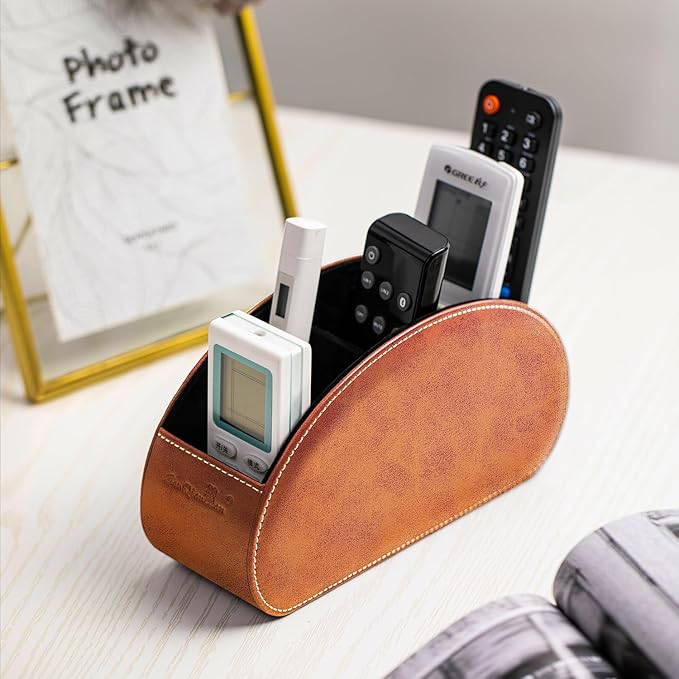 Remote Control Holders Organizer Box with 5 Compartment PU Leather Multi-functional Office Desk Storage Caddy Store Tv Remote for Media Player,Brush,Pencil,Glassees&Office Supplies (Two tone brown)