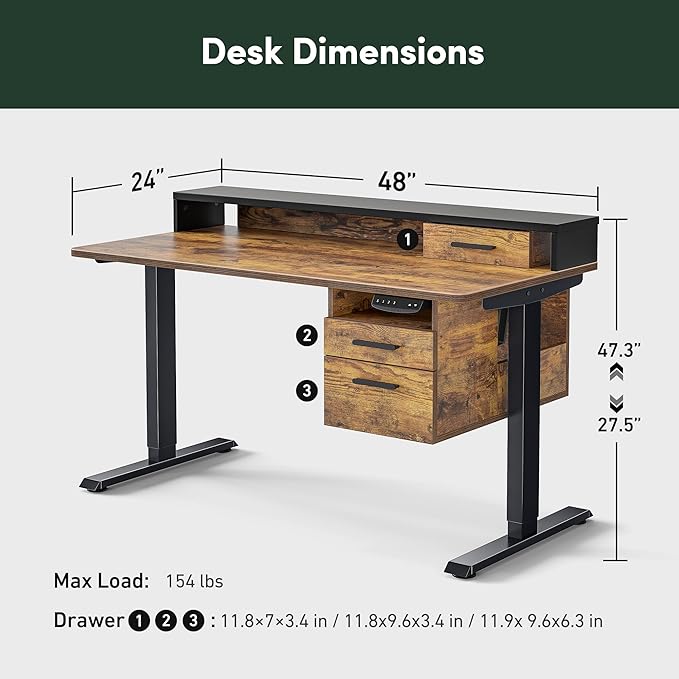 FEZIBO Electric Standing Desk 48 x 24 Inch with Monitor Shelf, 3 Drawers and Open Storage, Home Office Computer Workstation, Rustic Brown, 2 Packages