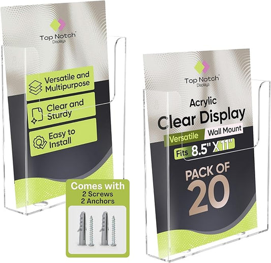 Top Notch Displays Acrylic Brochure Holder for Wall Mounting, Clear Display for 8.5" x 11" Flyers, Literature Holder for Magazines, Pamphlets, Menus, Includes Screws & Plastic Anchors – Pack of 20