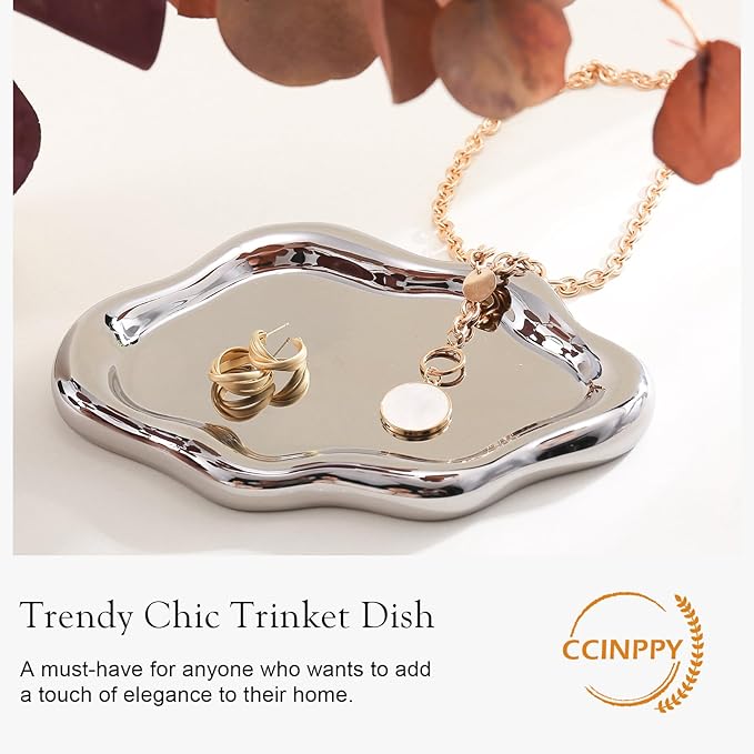 CCINPPY Ceramic Jewelry Tray Trinket Dish, Decorative Cloud Vanity Key Tray for Women, Ring Holder Dish, Cute Jewelry Plate Bowl Room Decor Aesthetic, Silver, Large