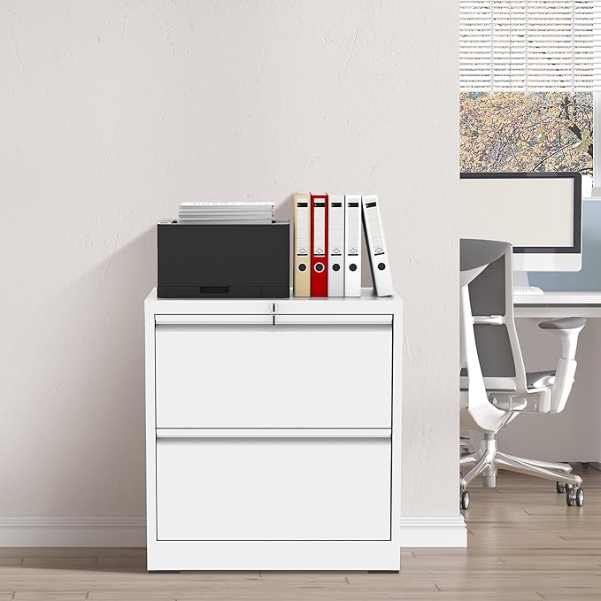 FLIXELIO 2 Drawer File Cabinet with Lock, White Metal Lateral Filing Cabinets for Home Office, Heavy Duty Steel Horizontal Locking Storage Cabinet for Legal/Letter/A4 Size File, Assembly Required