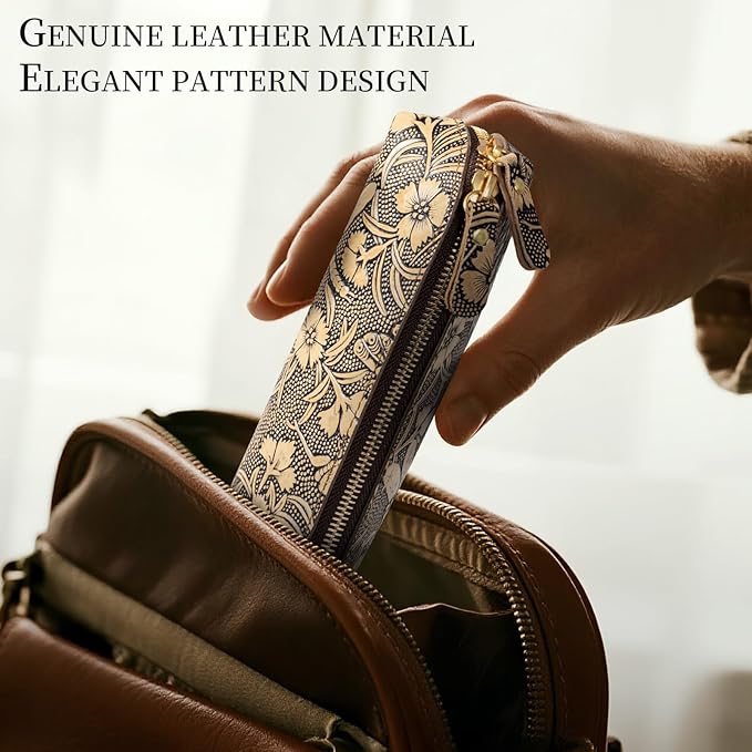 Gexmil Genuine Leather Pen Case, Full Grain Leather Pencil Holder, Hand-made Stationery Bag for Work & Office, Vintage Style, Butterfly Grey