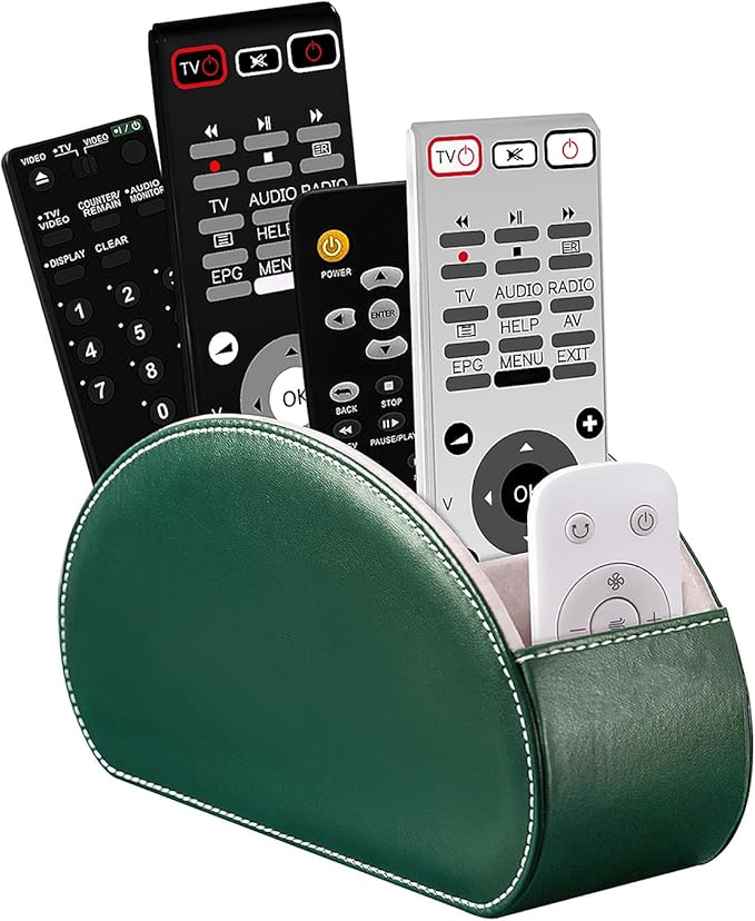 Remote Control Holders Organizer Box with 5 Compartment PU Leather Multi-functional Office Desk Storage Caddy Store Tv Remote for Media Player,Brush,Pencil,Glassees&Office Supplies (Dark Green)