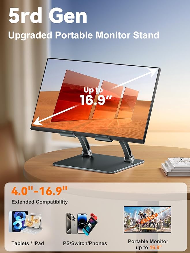 tounee Tablet Holder Stand, Dual Rod Adjustable Aluminum Desktop Stand, Compatible with 4.7-16.9" iPads, Surface Tablets, Portable Monitors, Kindle & More (Gray)